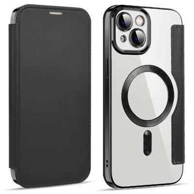 Para iPhone 14 Plus Compatível com MagSafe Slots de Cartão de Bloqueio RFID Resistente a Arranhões PU Leather+TPU Eletroplatado Capa Flip com Lente de Filme - Preto