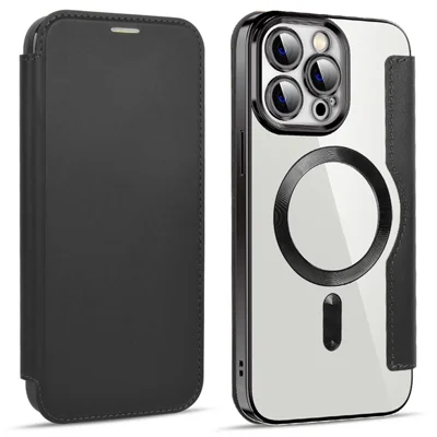 Capa de Celular para iPhone 14 Pro Max, Compatível com MagSafe, Slots para Cartões com Bloqueio RFID, Couro PU+TPU Eletrodepositado, Capa com Proteção de Lente e Traseira Transparente - Preta