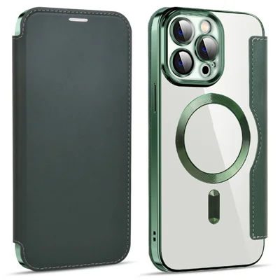 For iPhone 13 Pro Max 6.7 inch Compatible with MagSafe RFID Blocking Card Slots Bump Proof PU Leather+TPU Electroplating Clear Back Flip Case with Lens Film - Blackish Green