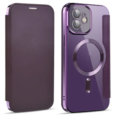 Phone Cover for iPhone 12 6.1 inch, Compatible with MagSafe RFID Blocking Card Slots Full Protection PU Leather+TPU Electroplating Clear Back Flip Case with Lens Film - Purple
