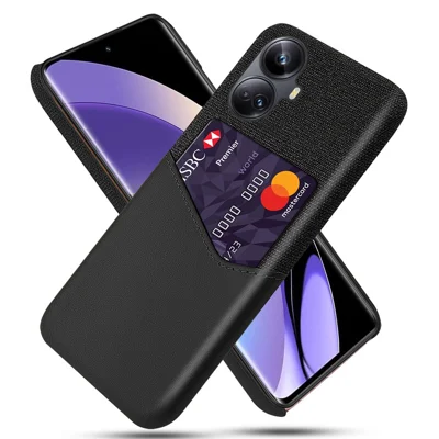 For Realme 10 Pro+ 5G Card Holder PU Leather Coated PC Back Case Cloth Texture Phone Cover - Black