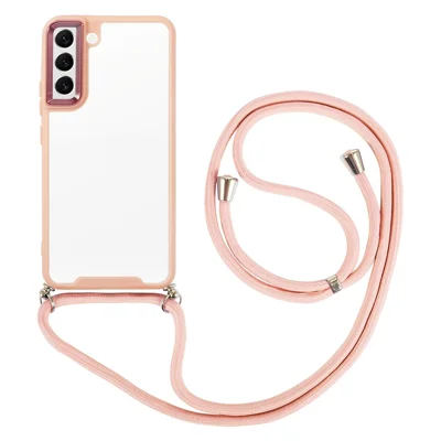 For Samsung Galaxy S23 Non-slip Thickend Phone Case Electroplating Lens Frame Shockproof Mobile Phone Cover with Long Lanyard - Light Pink