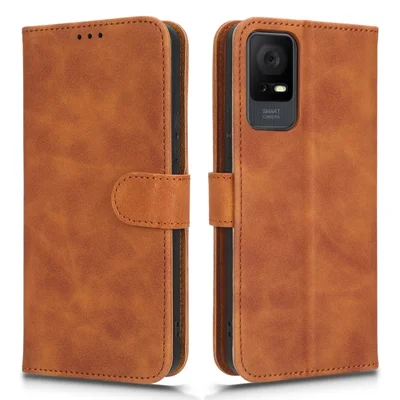 For TCL 405 Drop-Proof PU Leather Phone Case Foldable Stand Wallet Skin-Touch Feeling Flip Cell Phone Cover Stand - Brown