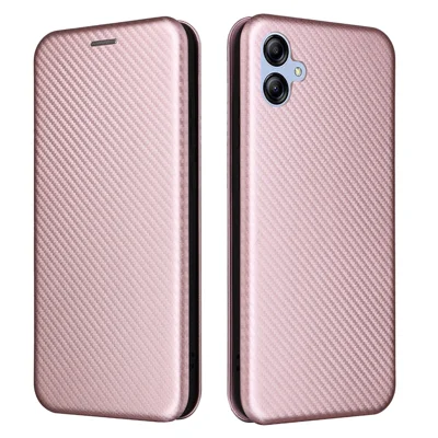 Til Samsung Galaxy A04e 4G / F04 4G / M04 4G, magnetisk hylse af PU-læder med struktur af kulfiber og kortlomme, standfunktion og fuld beskyttelse - Rosenød