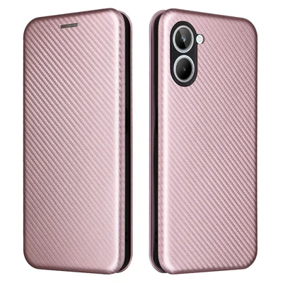 Para Realme 10 4G Estuche de teléfono de cuero PU antiarañazos Textura de fibra de carbono absorbida magnéticamente Ranura para tarjeta Soporte Tapa plegable - Oro rosa