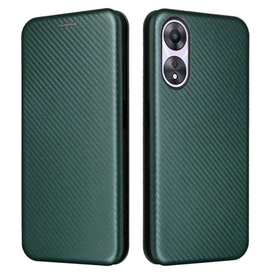 For Oppo A58 5G  Magnetic Auto-absorbed Carbon Fiber Texture PU Leather Phone Case Card Slot Stand Flip Cover - Green