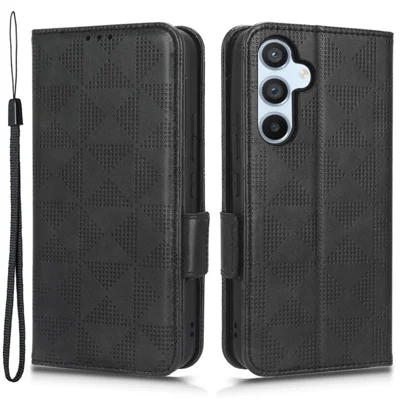 For Samsung Galaxy A54 5G Anti-Drop PU Leather Wallet Protective Phone Case Imprinted Triangle Pattern Stand Cover with Wrist Strap - Black