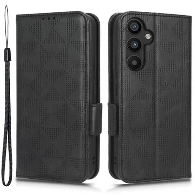 For Samsung Galaxy A34 5G Imprinted Triangle Pattern Phone Cover PU Leather Wallet Stand Cell Phone Case with Wrist Strap - Black