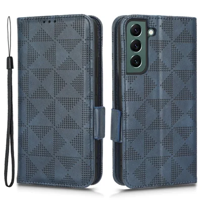 For Samsung Galaxy S23 Imprinted Triangle Pattern Phone Cover PU Leather Wallet Stand Cell Phone Case with Wrist Strap - Blue