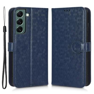 For Samsung Galaxy S23+ Mobile Phone Cover Dot Pattern Imprinted PU Leather Anti-Scratch Wallet Stand Case with Strap - Dark Blue