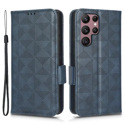 For Samsung Galaxy S23 Ultra Anti-Fingerprint Imprinted Triangle Pattern Phone Cover PU Leather Wallet Stand Mobile Phone Case with Wrist Strap - Blue