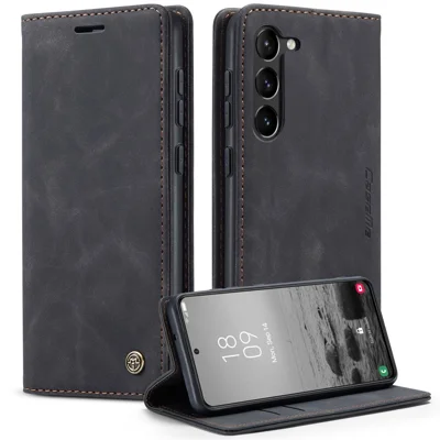 CASEME 013 Series For Samsung Galaxy S23 Stand Function PU Leather Wallet Case Magnetic Auto-absorbed Phone Case - Black