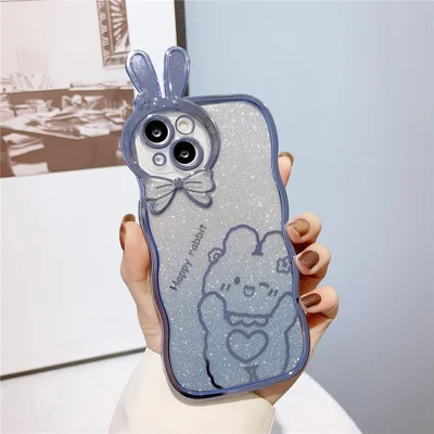 Rabbit Design TPU Case for iPhone 14 Plus Anti-Drop Electroplating Phone Cover Gradient Glitter Protective Case - Baby Blue