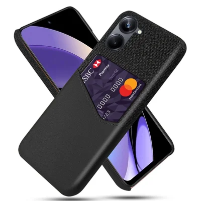 Para Realme 10 4G Funda de Teléfono a Prueba de Golpes con Textura de Tela y Ranura para Tarjeta, Recubierta de Cuero PU y Protección de PC Duro - Negro