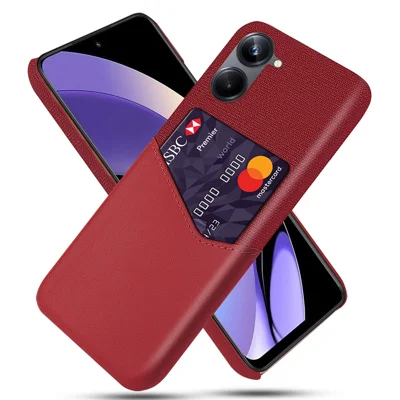 Для Realme 10 4G Противоударный чехол с тканевым рисунком, с отделением для карт, ПУ-кожаное покрытие, жесткий ПК-корпус, защитная задняя крышка для телефона - Красный
