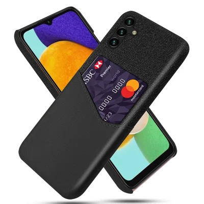 For Samsung Galaxy A54 5G Card Holder Cloth Texture Phone Case Non-slip PU Leather Coated Hard PC Scratch-resistant Phone Back Cover - Black