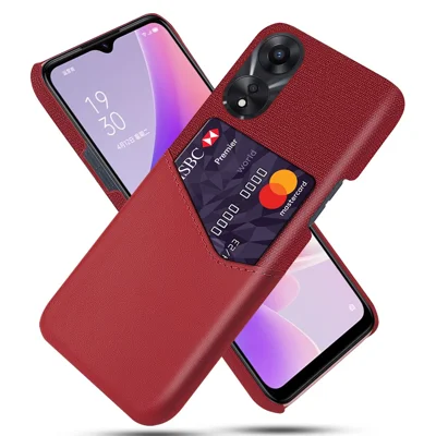 For Oppo A58 5G Cloth Texture Drop-proof Phone Case with Card Slot PU Leather Coated Hard PC Wear-resistant Phone Back Cover - Red