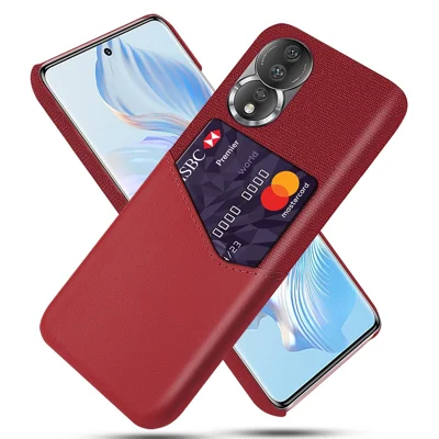 For Honor 80 5G Cloth Texture Non-slip Phone Case with Card Slot PU Leather Coated Hard PC Wear-resistant Slim Phone Back Cover - Red