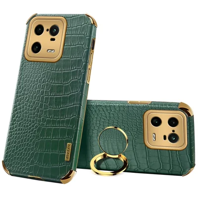 For Xiaomi 13 Pro 5G Ring Kickstand Electroplating Phone Case Well-protected Crocodile Texture PU Leather Coated TPU Cover - Green
