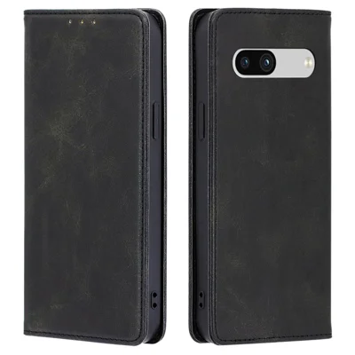PU Leather Protective Phone Cover For Google Pixel 7a, Magnetic Auto-absorbed Wallet Stand Shockproof Calf Texture Phone Case - Black