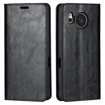 For Sharp Aquos Sense 7 Plus Supporting Stand Flip Wallet Crazy Horse Texture Genuine Leather Cover Magnetic Phone Case - Black