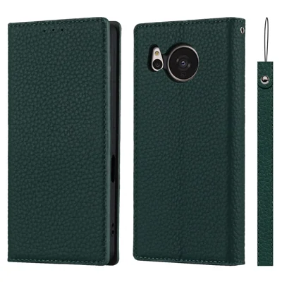 For Sharp Aquos Sense 7 Genuine Leather Case Anti-Scratch Litchi Texture Flip Wallet Stand Phone Protective Cover with Strap - Green