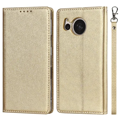 For Sharp Aquos Sense 7 Plus Scratch-resistant PU Leather Silk Texture Wallet Phone Case Stand Protector with Wrist Strap - Gold