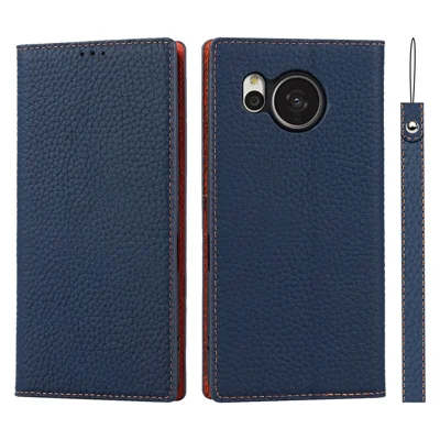 For Sharp Aquos Sense 7 Plus Stand Design Phone Cell Phone Cover Anti-Drop Litchi Texture Genuine Leather Case Flip Wallet with Hand Strap - Dark Blue