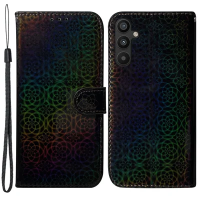 For Samsung Galaxy A34 5G PU Leather Dazzling Flower Pattern Full Protection Wallet Case Stand Magnetic Closure Flip Phone Cover with Strap - Black