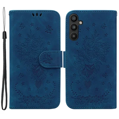 For Samsung Galaxy A34 5G Drop-proof Imprinted Rose Butterfly PU Leather+TPU Inner Shell Magnetic Closure Wallet Stand Phone Cover with Strap - Blue