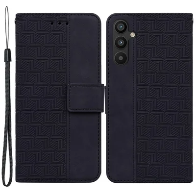 For Samsung Galaxy A34 5G Wallet Shockproof Imprinted Geometry Pattern Phone Case PU Leather Magnetic Closure Hand Strap Stand Flip Phone Cover - Black