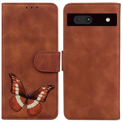 For Google Pixel 7a Skin-touch Feeling Phone Shell Big Butterfly Pattern Printing Wallet PU Leather Stand Cover Case - Brown