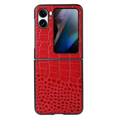 For Oppo Find N2 Flip 5G Shockproof Genuine Cowhide Leather Coated PC Phone Case Crocodile Texture Anti-Scratch Folding Cover - Red