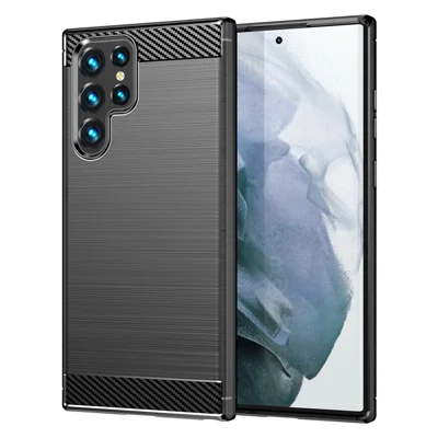 For Samsung Galaxy S23 Ultra Anti-scratch Carbon Fiber Texture Phone Cover Brushed Flexible TPU Back Cover - Black