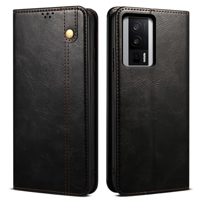 Магнитный автофиксирующийся чехол для телефона Xiaomi Poco F5 Pro 5G / Redmi K60 Pro 5G / K60 5G, восковая текстура кожи Crazy Horse, подставка, кошелек, защитный чехол-книжка из искусственной кожи PU, черный