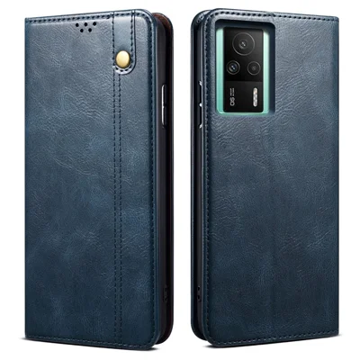 Anti-fall Phone Case For Xiaomi Redmi K60E 5G, Waxy Crazy Horse Texture Stand Wallet PU Leather Magnetic Auto-absorbed Folio Flip Phone Cover - Blue