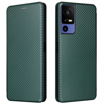 For TCL 40 SE Card Holder Carbon Fiber Texture PU Leather Case Magnetic Auto-absorbed Stand Cell Phone Cover - Green