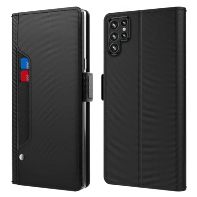 For Samsung Galaxy S23 Ultra PU Leather+TPU Shockproof Cell Phone Case Foldable Stand Card Holder Magnetic Phone Cover with Makeup Mirror - Black