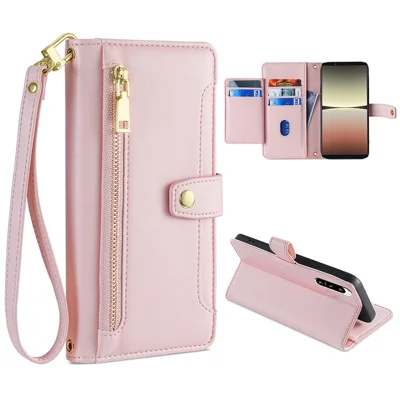 Para Sony Xperia 5 IV 5G Book Style PU Leather Stand Case Zipper Pocket Card Slots Flip Phone Cover with Wrist Strap and Shoulder Strap - Pink
