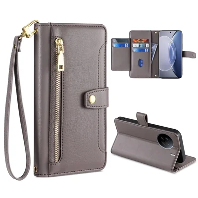 For vivo X90 5G PU Leather Stand Case Zipper Pocket Card Slots Well-Protected Flip Phone Cover with Wrist Strap and Shoulder Strap - Grey