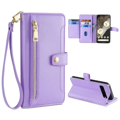 For Google Pixel 7 Pro 5G PU Leather Stand Case Zipper Pocket Phone Cover with Wrist Strap and Shoulder Strap - Purple