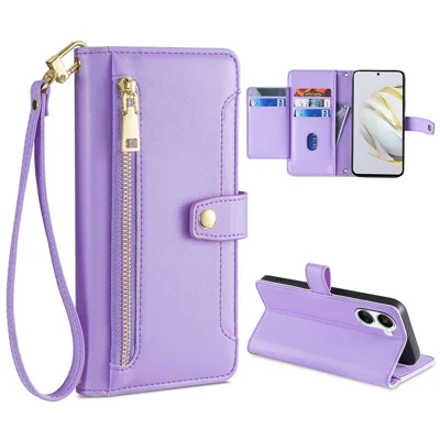 For Huawei nova 10 SE 4G PU Leather Hands-Free Stand Case Zipper Pocket Card Slots Flip Phone Cover with Wrist Strap and Shoulder Strap - Purple