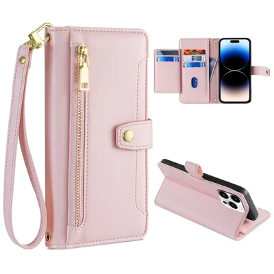 For iPhone 14 Pro PU Leather Stand Case Zipper Pocket Phone Cover with Wrist Strap and Shoulder Strap - Pink