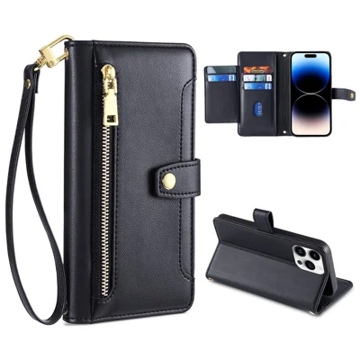For iPhone 14 Pro Max PU Leather Stand Case Zipper Pocket Phone Cover with Wrist Strap and Shoulder Strap - Black