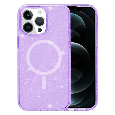 For iPhone 12 Pro Max Case Compatible with MagSafe Glitter Powder PC + TPU Phone Cover - Transparent Purple