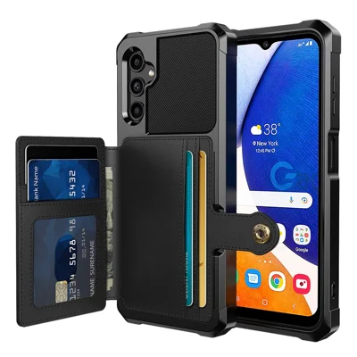 ZM03 for Samsung Galaxy A14 5G / A14 4G Fall Protection PU Leather Coated TPU Case Card Holder Kickstand Phone Cover with Magnetic Metal Sheet - Black