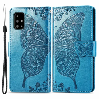For Samsung Galaxy A51 4G SM-A515 Imprinted Butterfly Pattern Anti-scratch Phone Case PU Leather Stand Wallet Cover with Strap - Blue