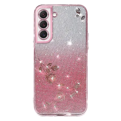 KADEM Rhinestone Design Smartphone Case for Samsung Galaxy S22 5G, Anti-Scratch Flower Pattern Decor Glitter Powder Gradient Color TPU Phone Cover - Rose Gold