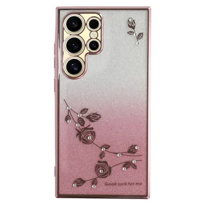 KADEM For Samsung Galaxy S22 Ultra 5G Anti-Shock Glitter Powder Flexible TPU Cell Phone Cover Flower Pattern Decor Rhinestone Phone Case Shell - Rose Gold
