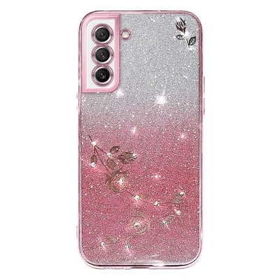 KADEM Dustproof Phone Back Cover for Samsung Galaxy S21 FE 5G, Flower Pattern Decor Rhinestone Glitter Powder Flexible TPU Cell Phone Case - Rose Gold